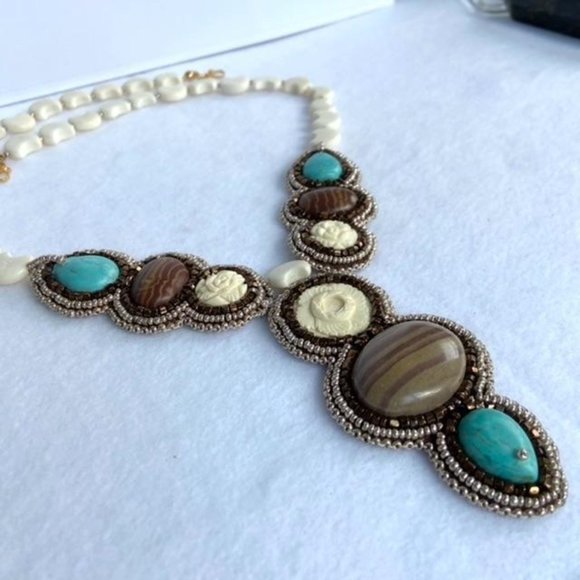 Hand Beaded Y Statement Necklace Natural Stone - Picture 10 of 13